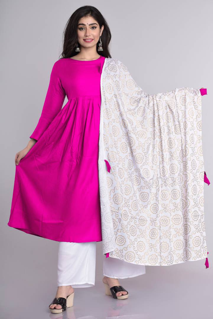 Stylish Rayon Pink Solid Anarkali Kurta With Palazzo And Dupatta Set